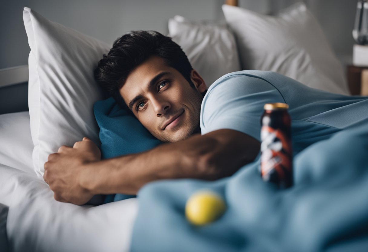 A person lying in bed with a racing heart, shaking hands, upset stomach, and trouble sleeping after consuming energy drinks