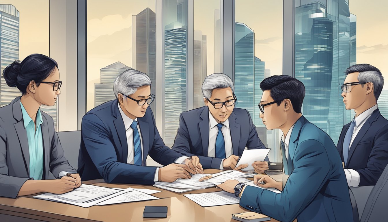 A group of professionals engage in a bond issuance transaction in Singapore, exchanging securities in a bustling financial setting