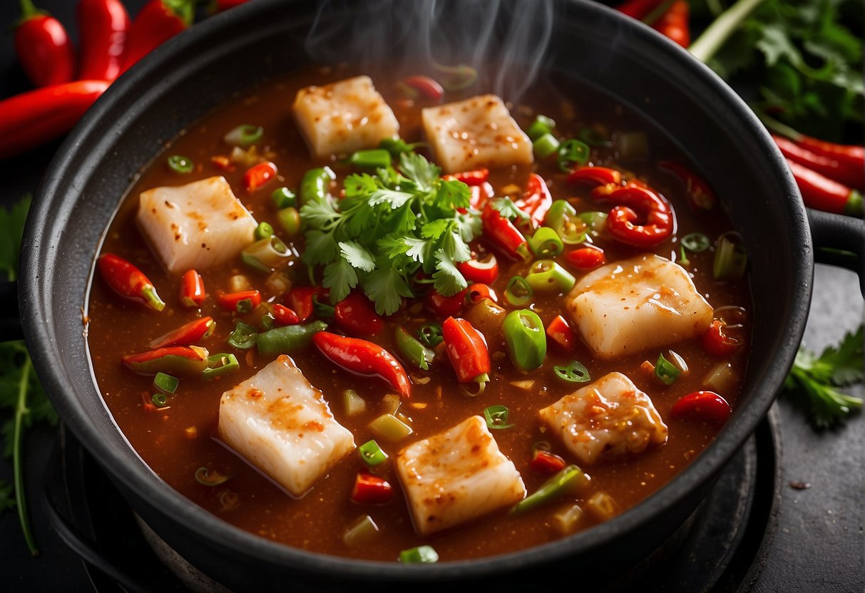 A bubbling pot of Chinese chilli fish gravy simmers on a stove, surrounded by vibrant red and green ingredients like chillies, garlic, and scallions