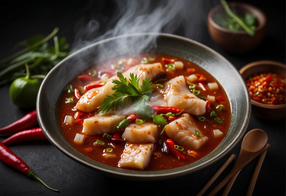 A steaming bowl of Chinese chili fish gravy, surrounded by vibrant red chili peppers and fragrant herbs, with a pair of chopsticks resting on the side