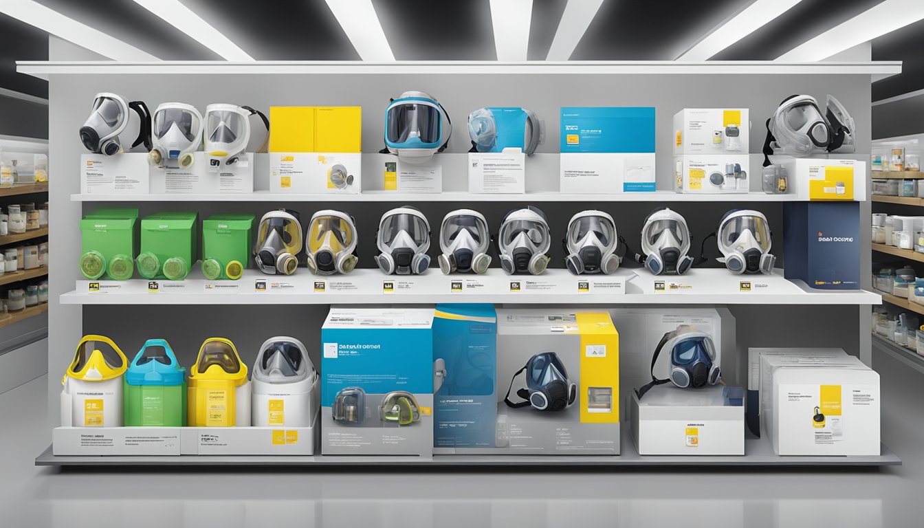A display of various 3M respirators in a well-lit store in Singapore, with clear labeling and packaging