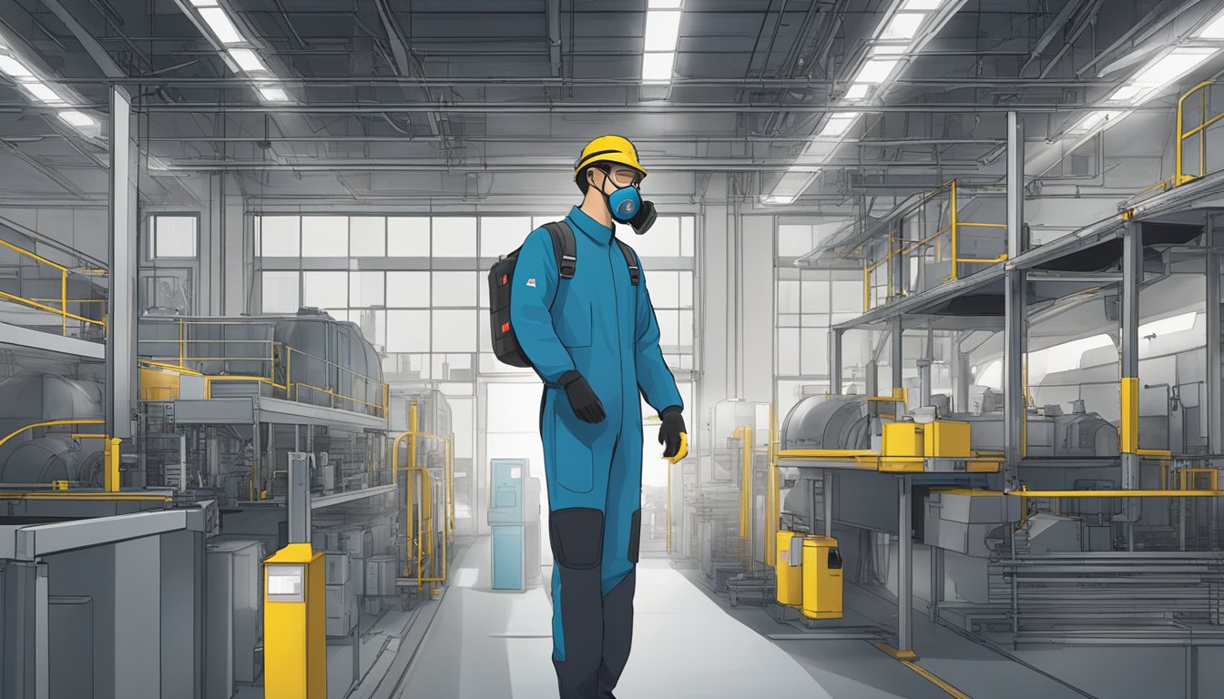 A person wearing a 3M respirator in a Singapore industrial setting, with advanced features highlighted and clear benefits evident