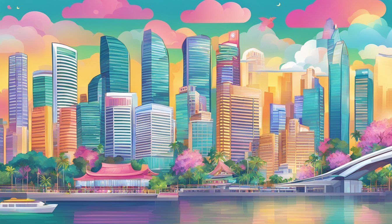 A vibrant cityscape with iconic landmarks in Singapore, showcasing various beauty hotspots where bliss products are sold