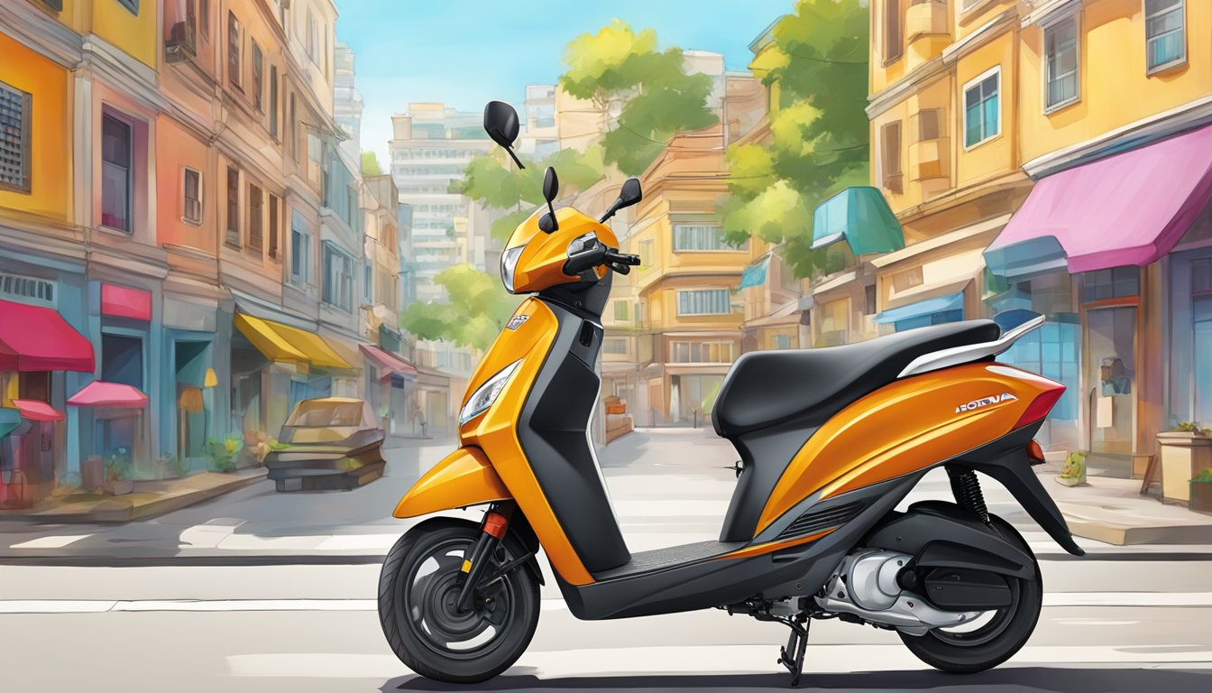 A Honda Activa scooter parked in a vibrant urban setting, with modern buildings and bustling streets in the background
