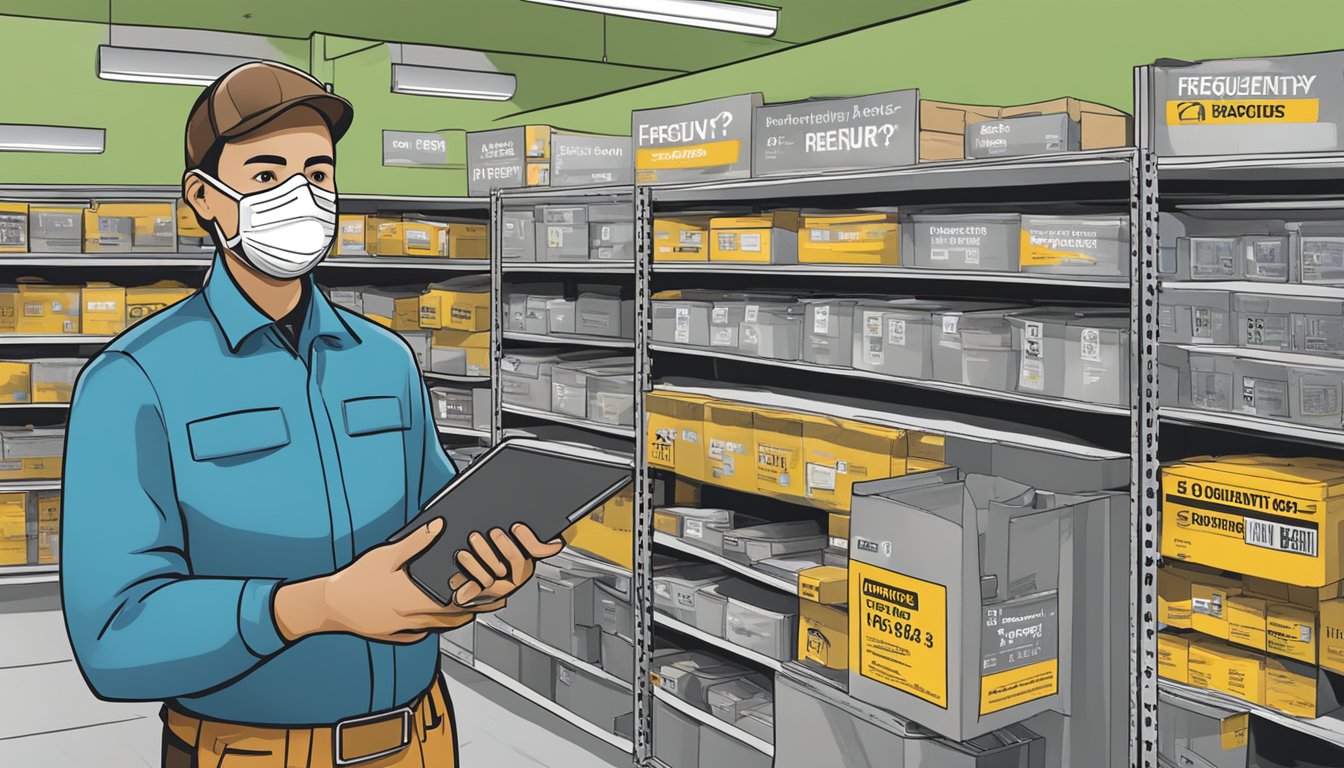A person in a hardware store holding a 3M respirator box with a "Frequently Asked Questions" sign in the background
