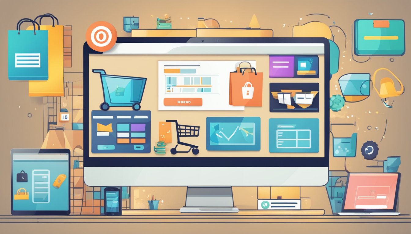 A computer screen displaying an online shopping cart with a "buy now" button highlighted, surrounded by various product images and a secure payment icon