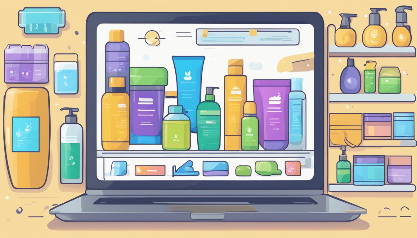 A laptop displaying various shampoo options. A hand cursor hovers over a "buy now" button. A cart icon shows items selected