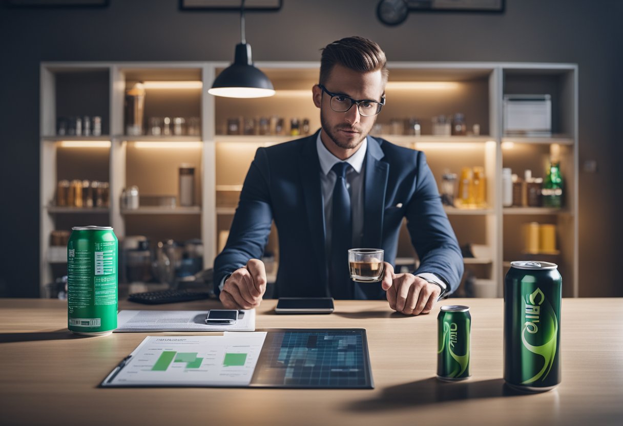 A person sits at a desk with an empty energy drink can, looking puzzled. A chart on the wall shows caffeine's effects on the body