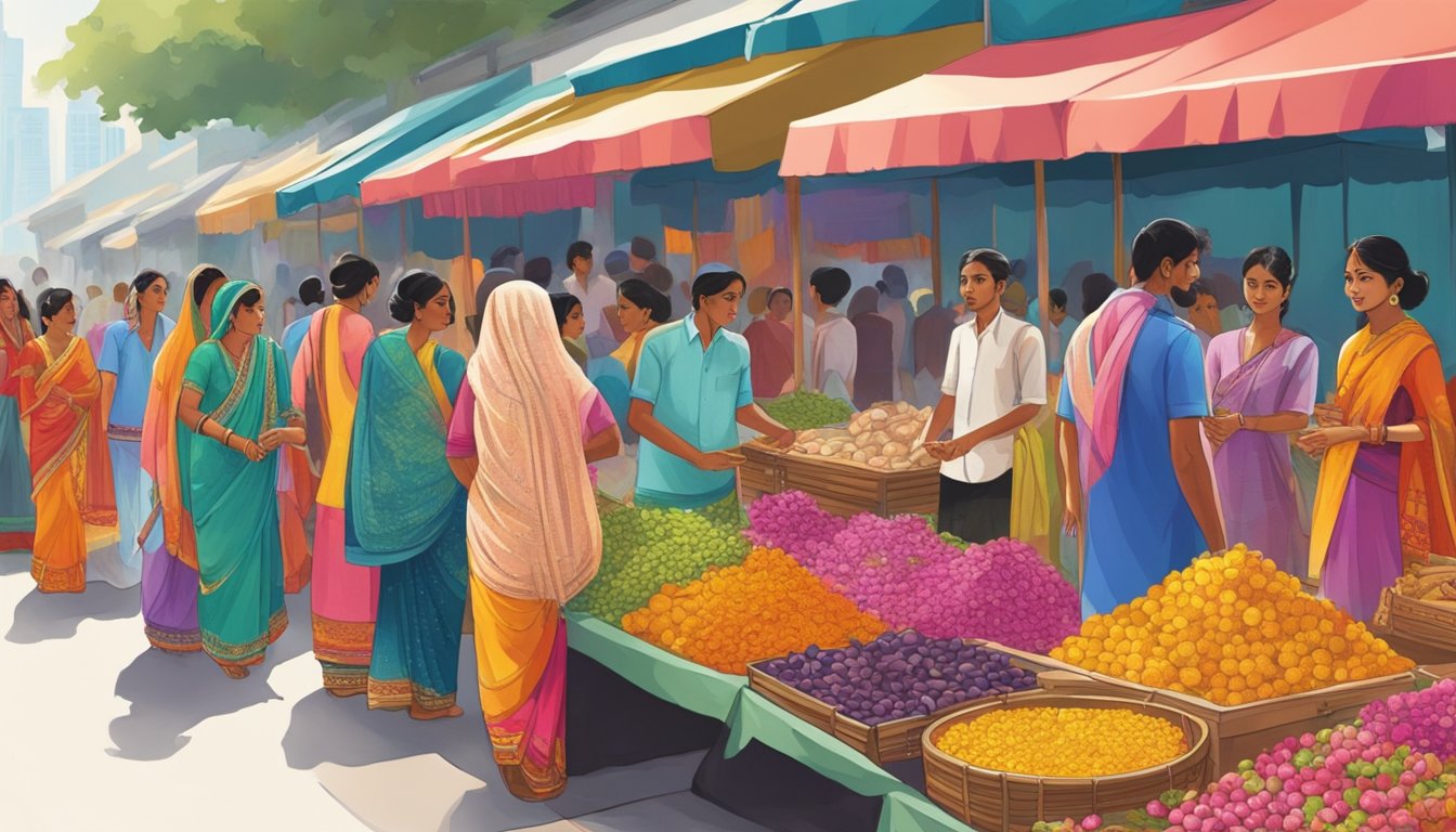 A bustling market in Singapore showcases vibrant Indian clothes for sale. Bright colors and intricate designs adorn the fabric, while customers browse the selection