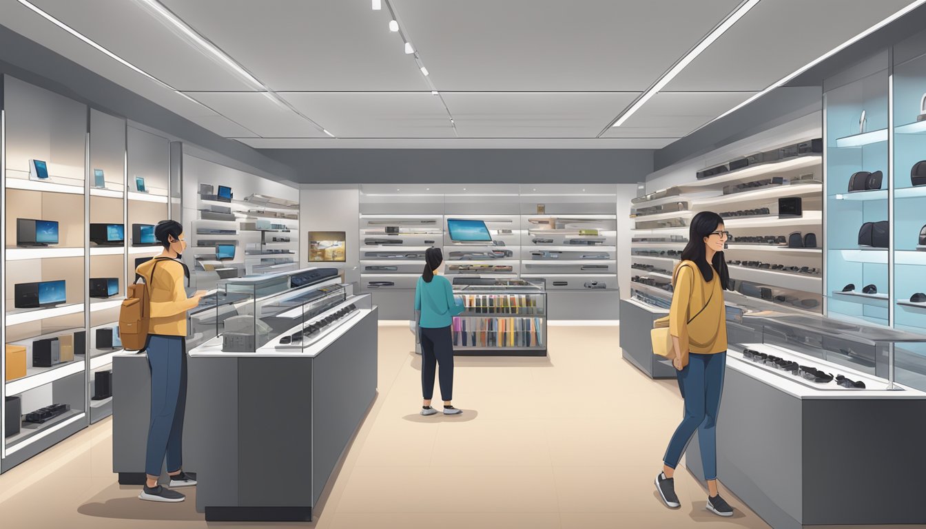 A busy electronics store in Singapore displays a variety of Bose earphones on sleek shelves, with customers browsing and trying out different models