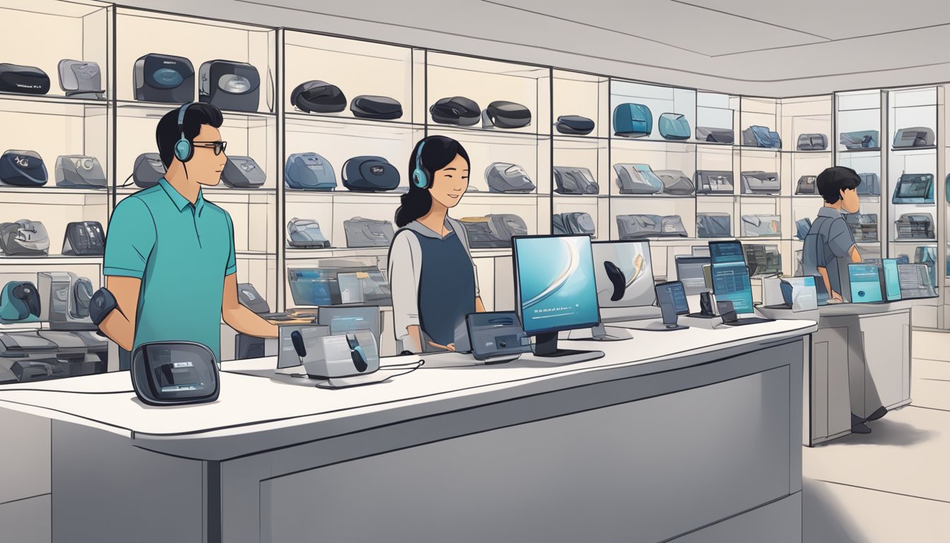 A person browsing Bose earphones at an electronics store in Singapore, with various models on display and a sales representative ready to assist