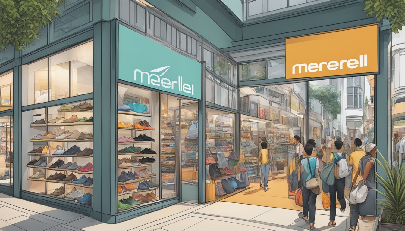 A bustling shopping street in Singapore showcases a variety of outdoor footwear stores, including a prominent display of Merrell shoes in a storefront window