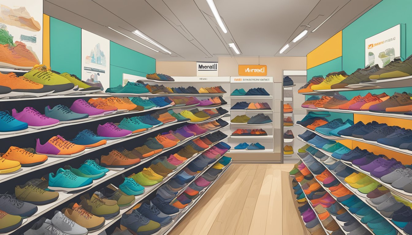 A colorful display of Merrell shoes in a Singaporean store, with a prominent "Frequently Asked Questions" sign
