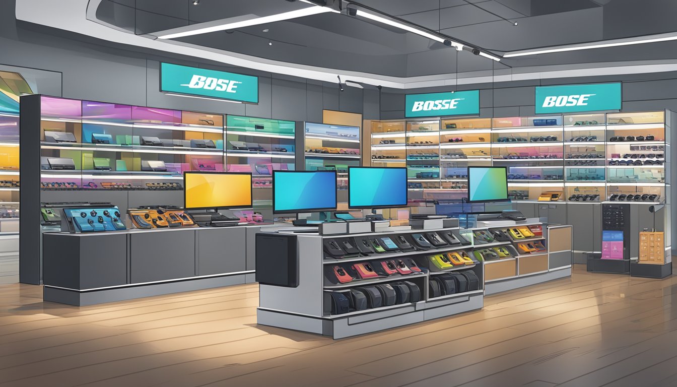 A bustling electronic store in Singapore displays various Bose earphone models with price tags and product information