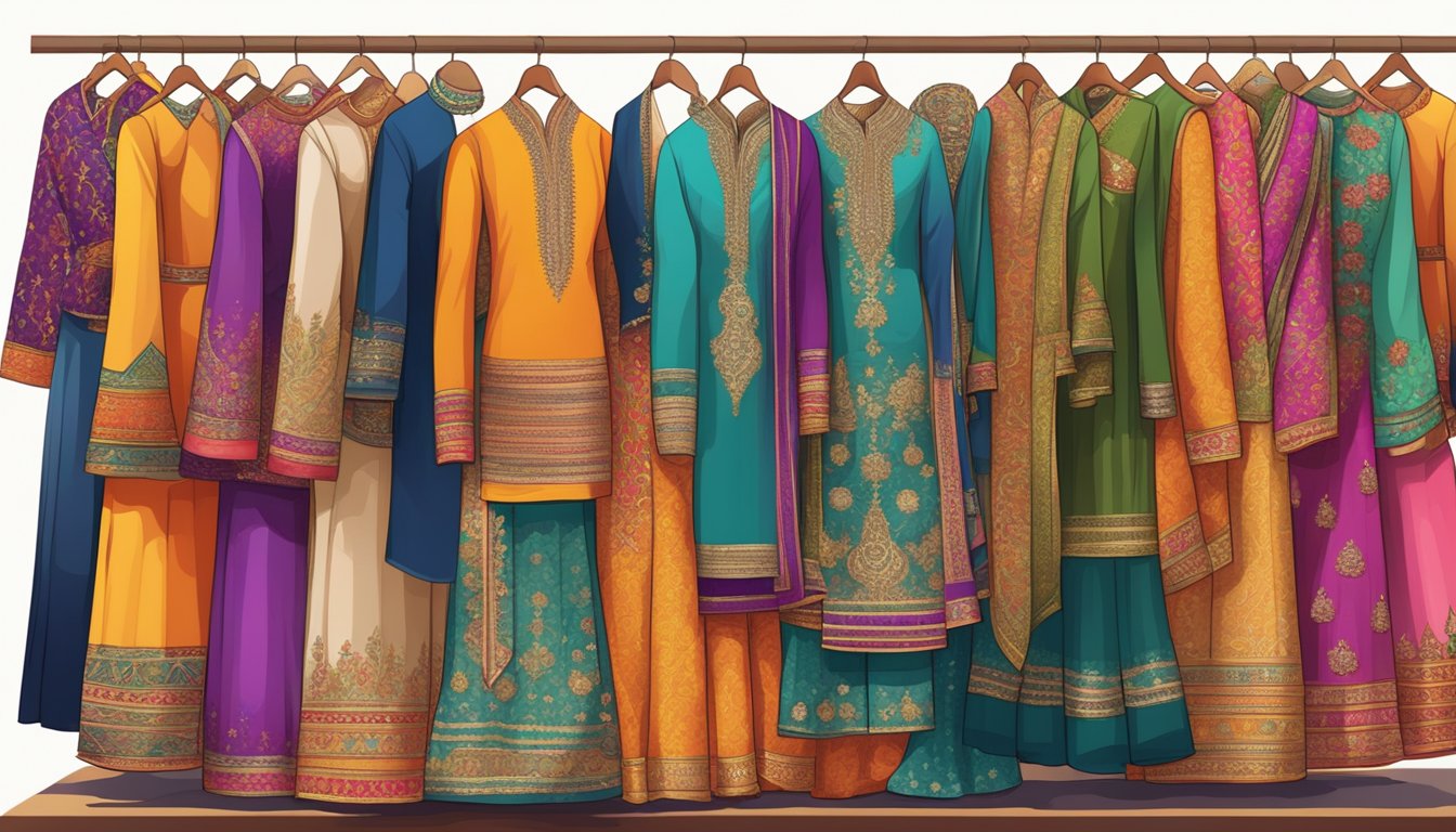 A vibrant marketplace with rows of colorful and intricately designed Indian outfits on display, showcasing a wide variety of cultural and stylish attire for every occasion