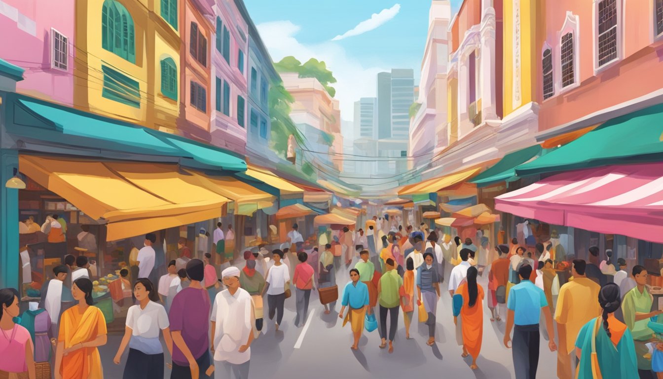 A bustling market street in Singapore, with colorful storefronts and vibrant displays of traditional Indian clothing