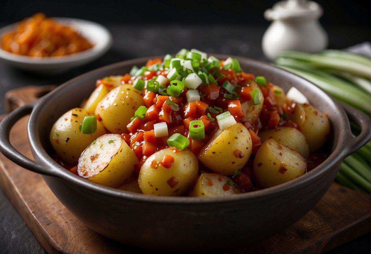 Sizzling potatoes tossed in spicy red chili sauce with green onions