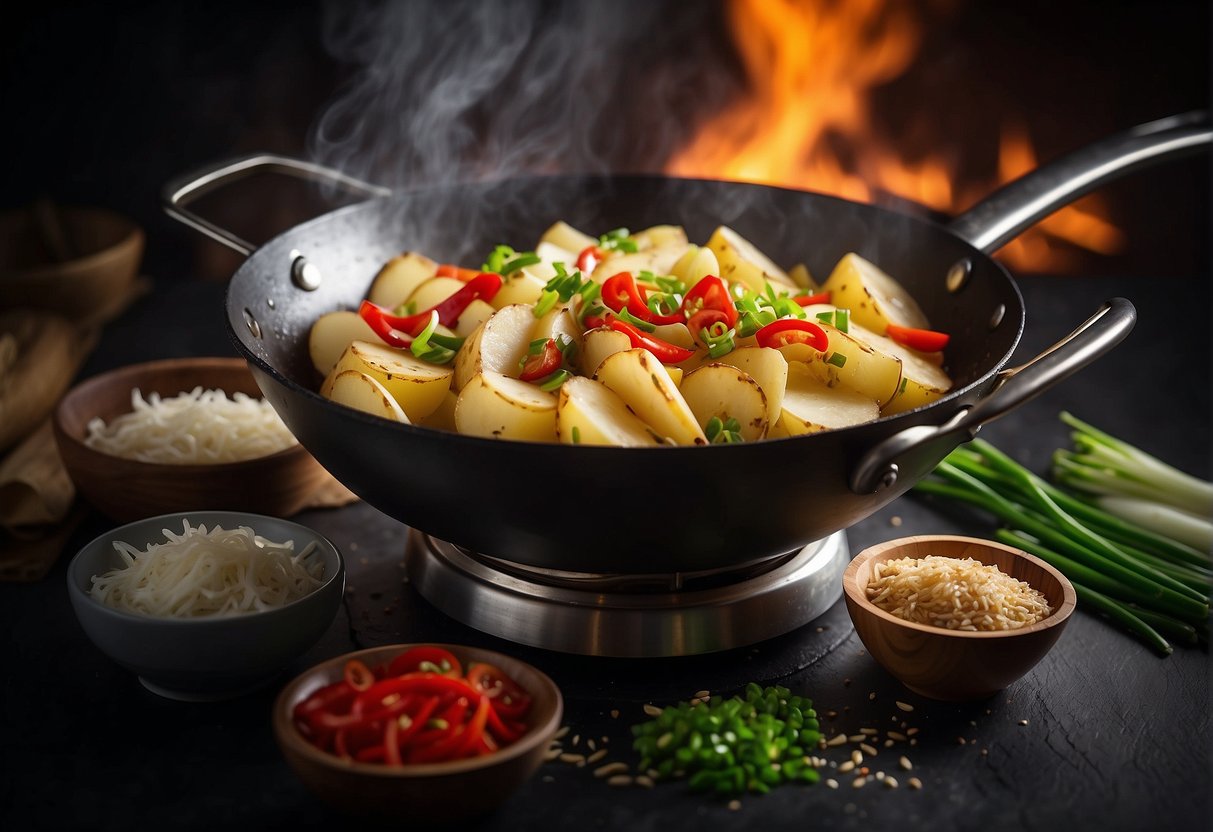 Sliced potatoes sizzling in a wok with vibrant red chili peppers, garlic, and ginger. A splash of soy sauce and a sprinkle of green onions complete the dish