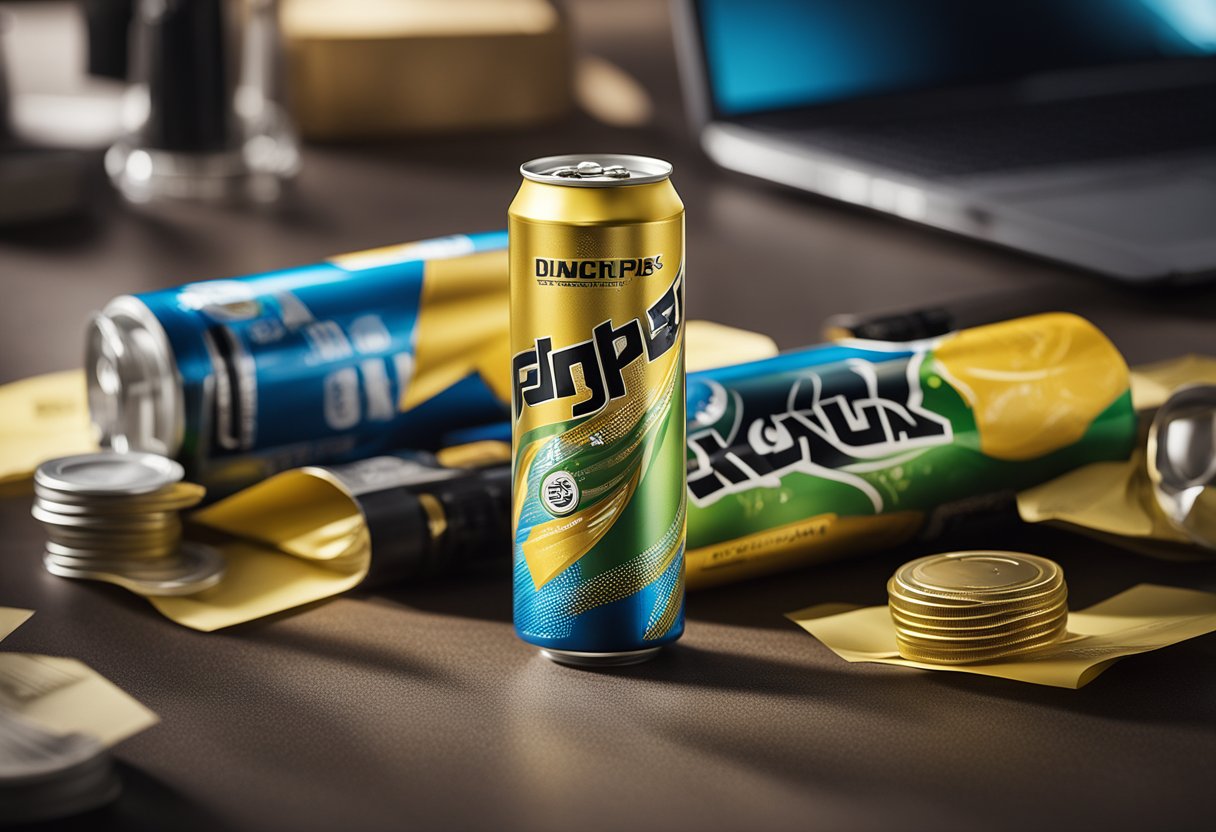 An unopened energy drink sits on a table, surrounded by scattered papers and a clock ticking in the background