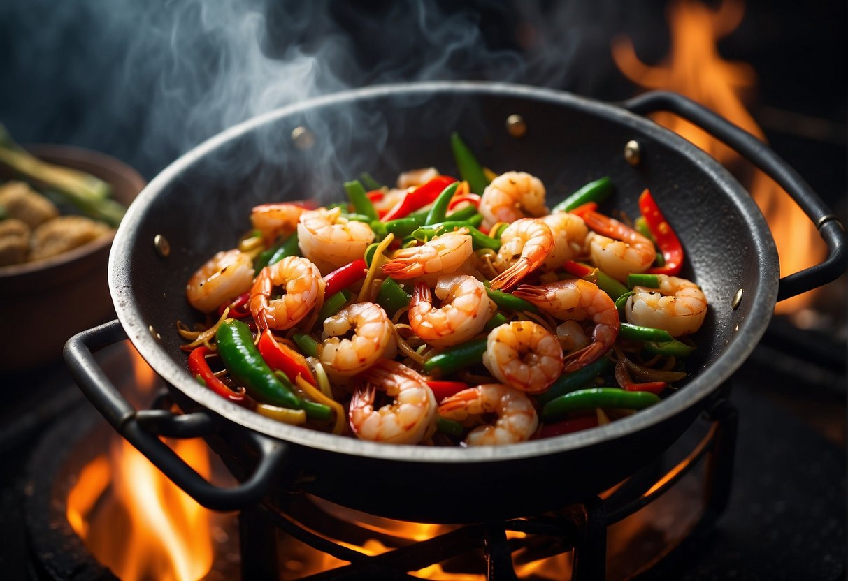 A sizzling wok with stir-fried prawns, chili peppers, garlic, and ginger. Steam rising, vibrant colors, and a hint of spice in the air