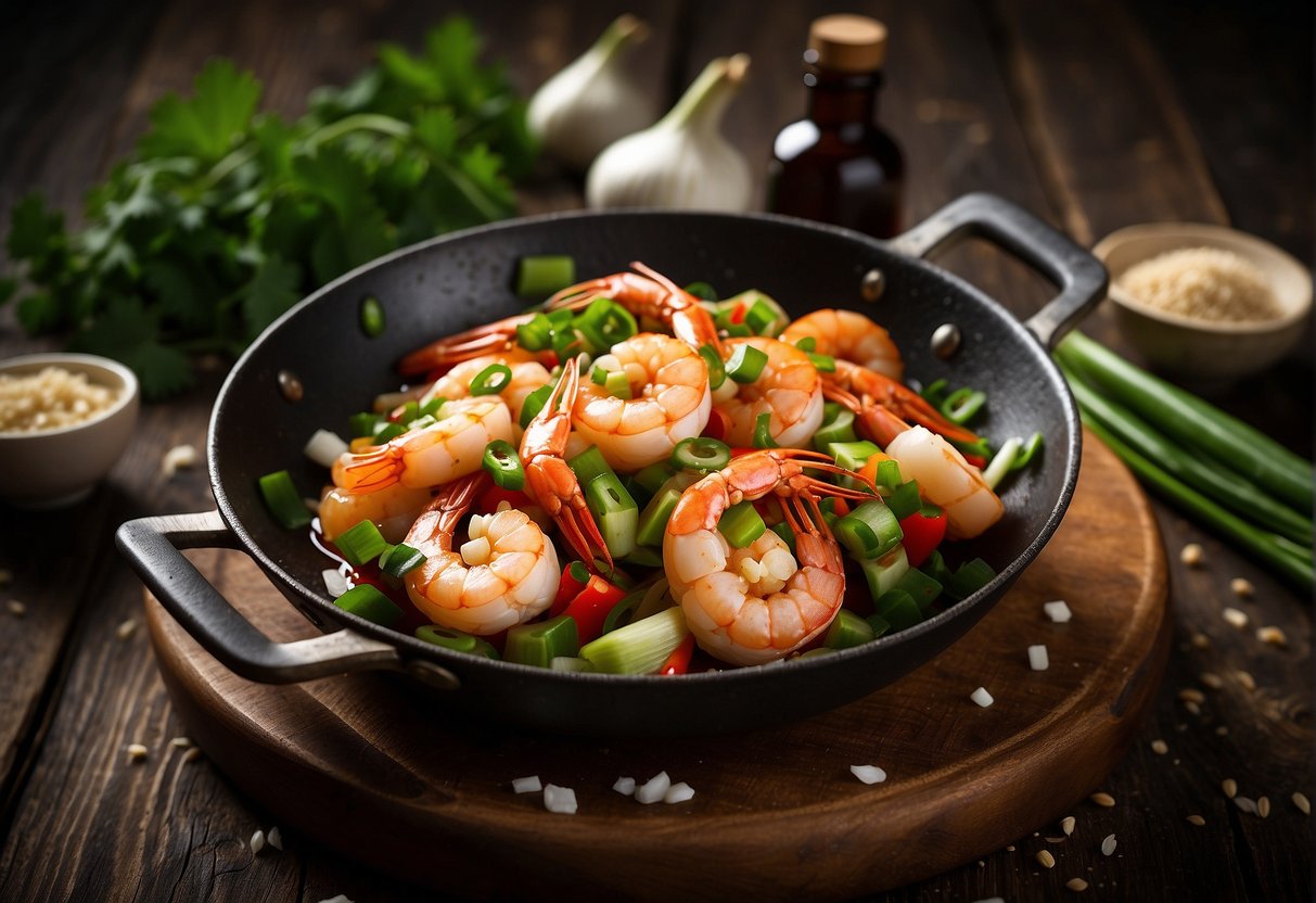 A sizzling wok with prawns, garlic, and chili peppers. Green onions and cilantro on a wooden cutting board. Soy sauce and sesame oil bottles nearby