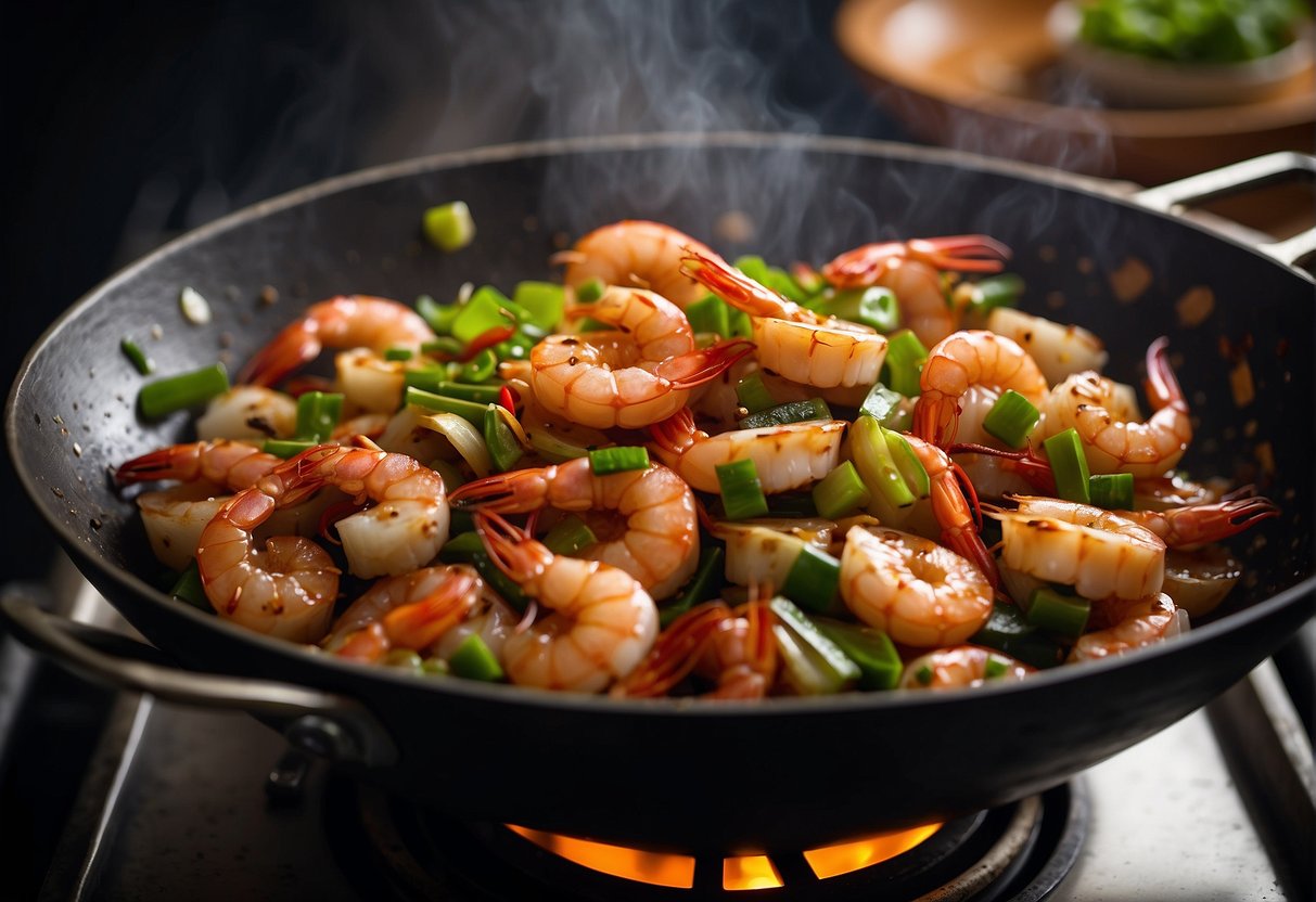 A wok sizzles as prawns are stir-fried with garlic, ginger, and red chillies. Soy sauce and sugar are added for a caramelized glaze