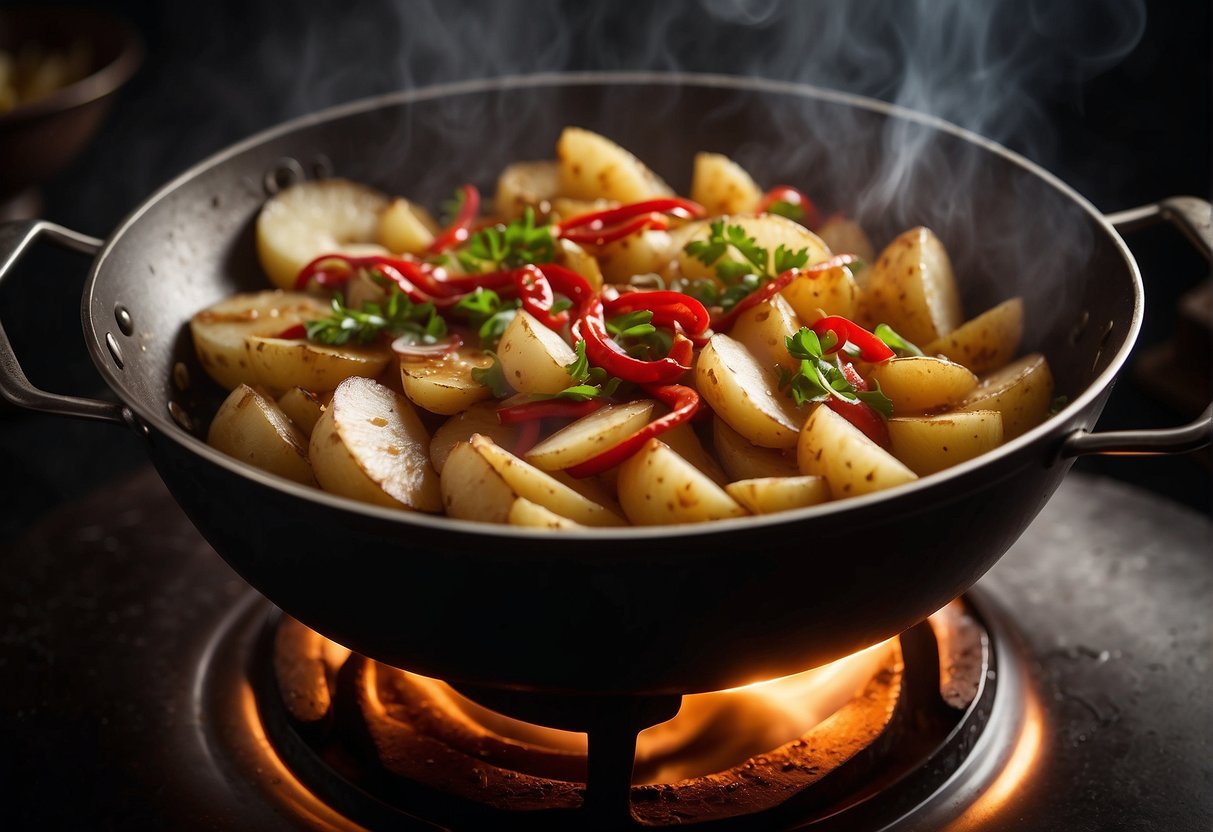 Sizzling wok with sliced potatoes, onions, and chili peppers. Steam rising, fragrant aroma filling the air. Soy sauce and spices being added