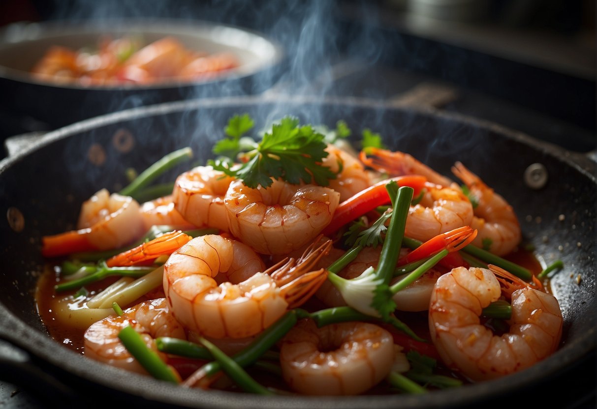 A wok sizzles with chili prawns, garlic, and ginger. Steam rises as the prawns turn pink and the sauce thickens