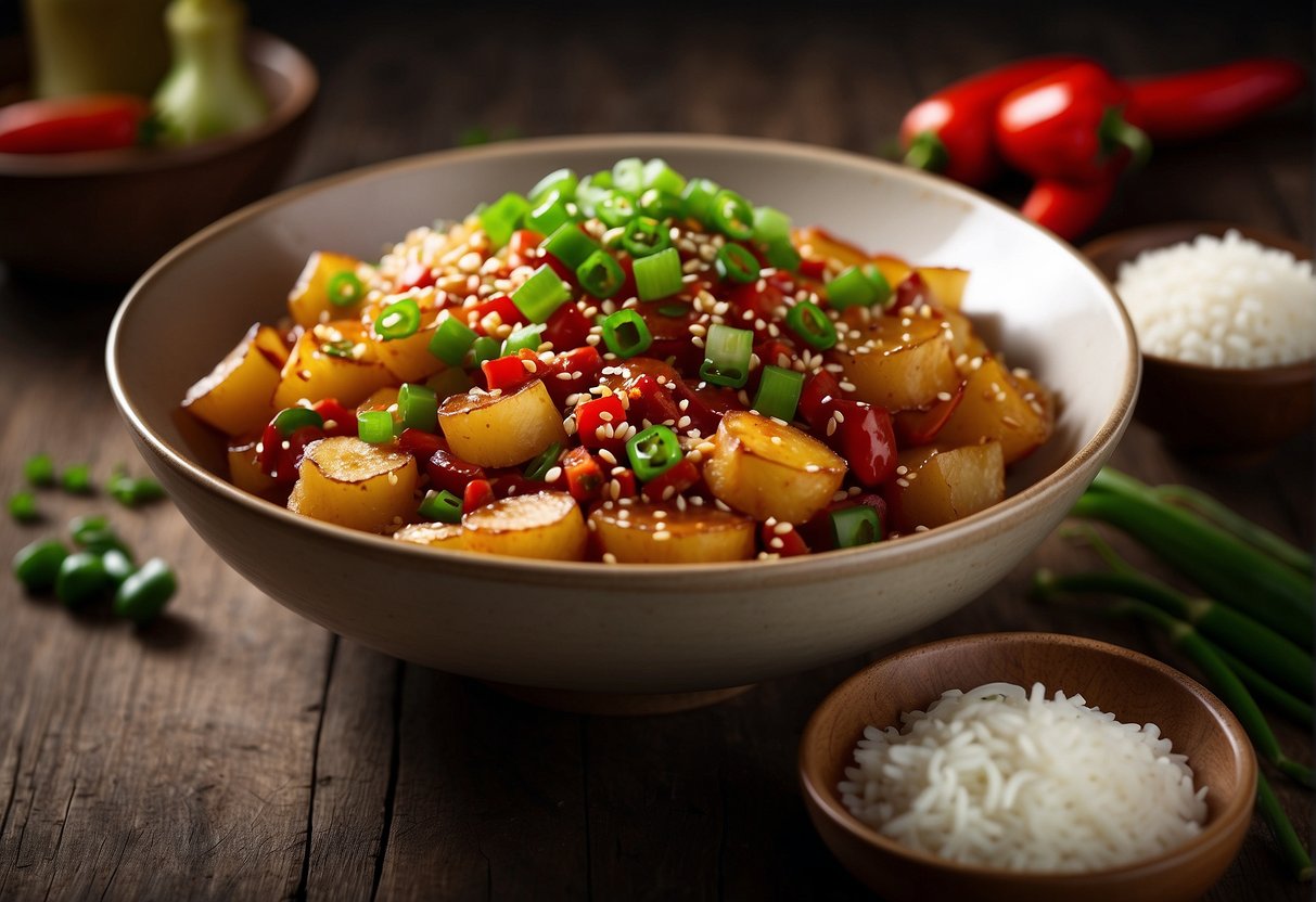 A plate of Chinese chilli potato with garnished green onions and sesame seeds, accompanied by a side of steamed rice