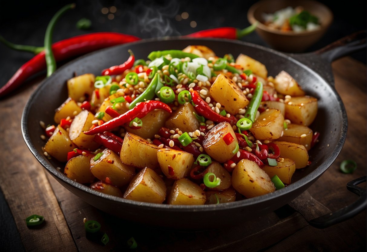 A sizzling wok of Chinese chilli potatoes, garnished with spring onions and sesame seeds, surrounded by vibrant red and green chili peppers