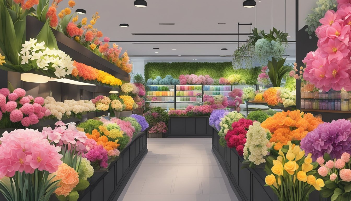 Vibrant artificial flowers arranged in a variety of colors and styles, displayed in a Singaporean floral shop