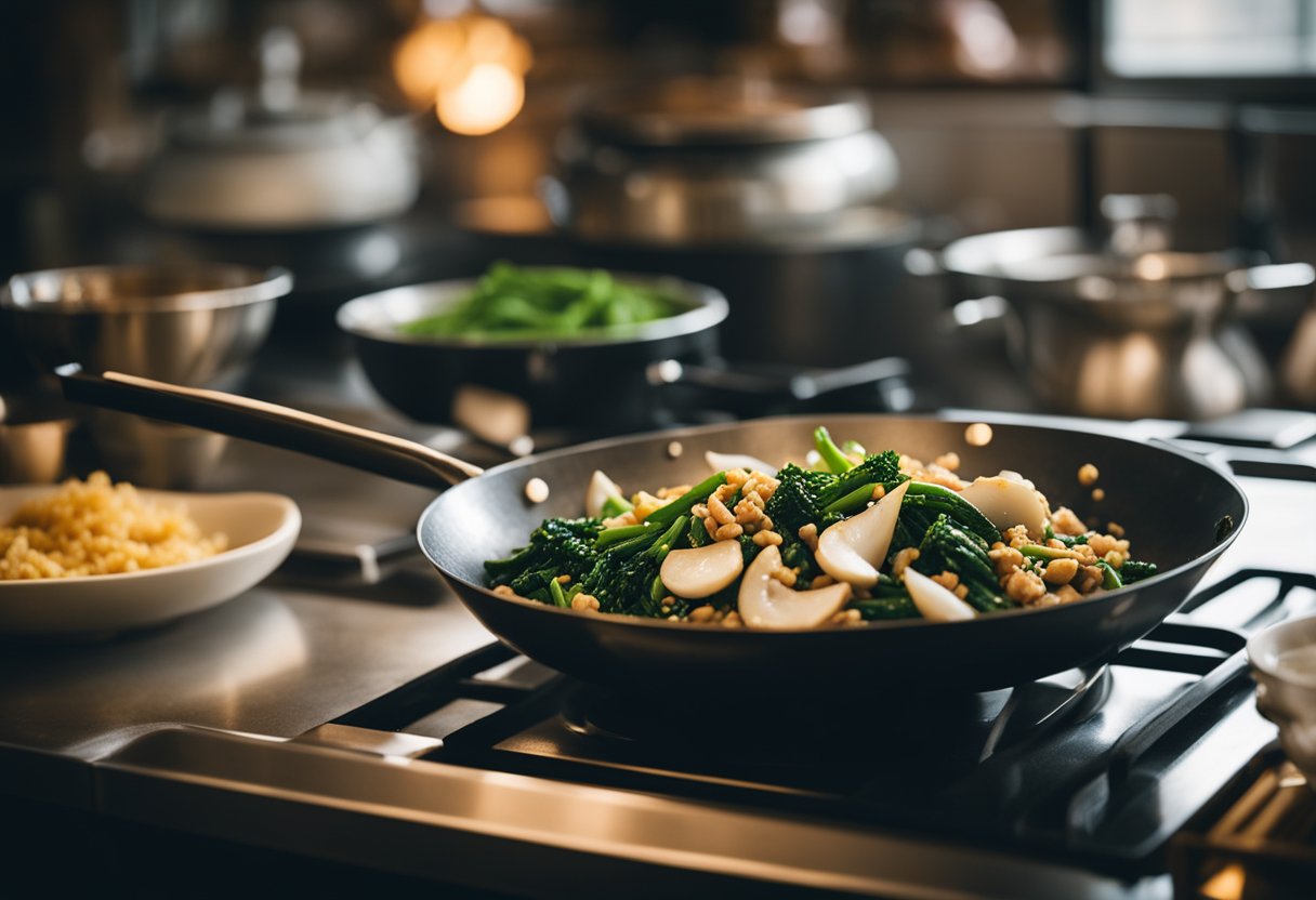 A wok sizzles with stir-fried kai lan, garlic, and ginger in a fragrant Chinese kitchen. Soy sauce and oyster sauce stand ready on the counter