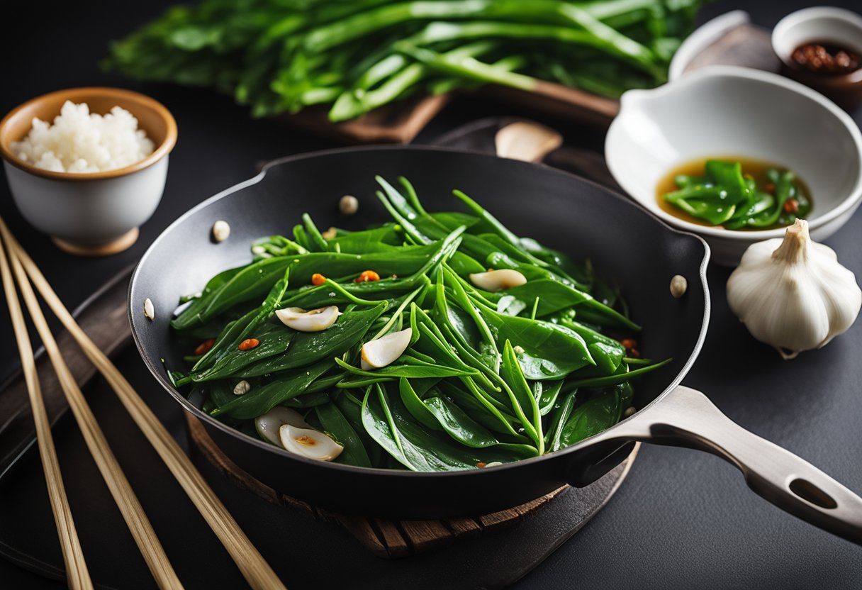 Fresh kangkong leaves and stems stir-frying in a wok with garlic, oyster sauce, and chili, creating a sizzling and aromatic Chinese-style dish