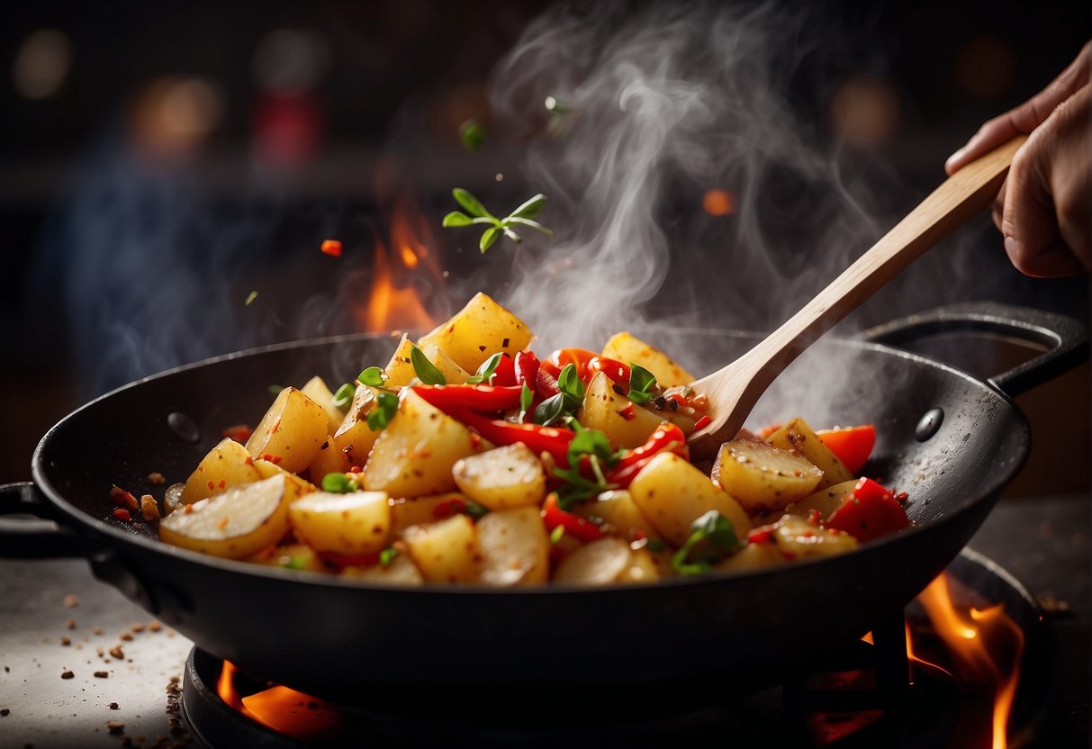 A sizzling wok with diced potatoes, vibrant red chili peppers, and aromatic Chinese spices being tossed together by a chef