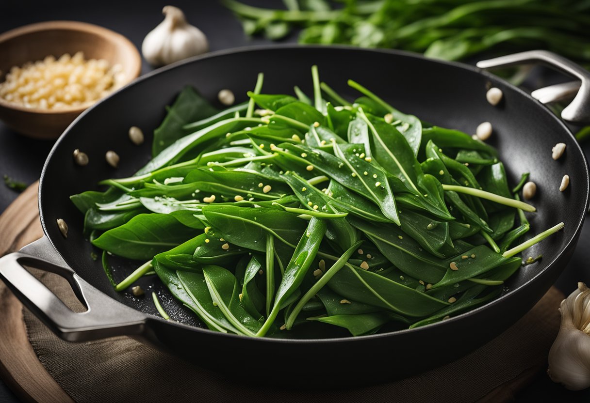 Fresh kangkong leaves and stems are being stir-fried in a sizzling wok with garlic, soy sauce, and a hint of sesame oil