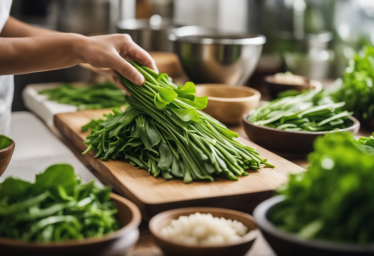 Fresh kangkong leaves and stems are being washed and trimmed. Garlic and ginger are being finely chopped, while soy sauce and oyster sauce are being measured out