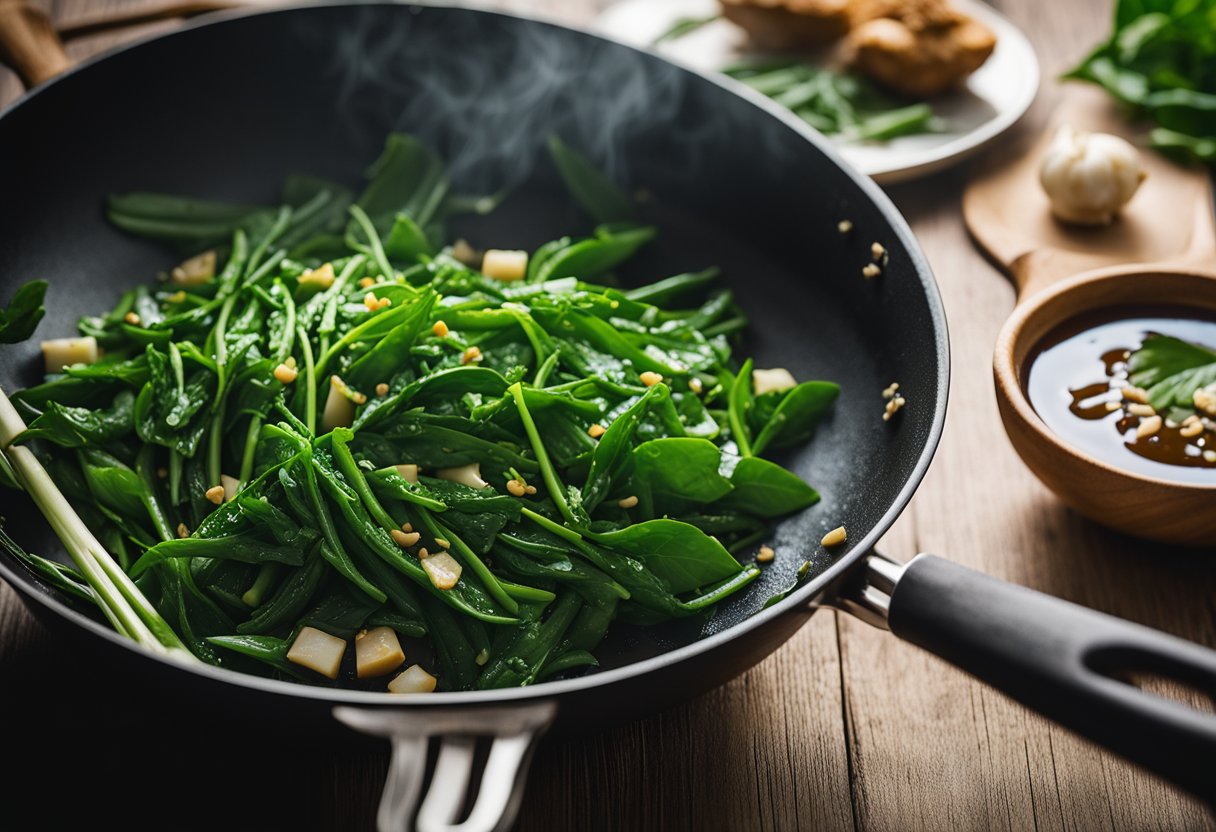 Fresh kangkong being stir-fried in a wok with garlic, ginger, and soy sauce. The vibrant green leaves sizzle as they are tossed in the hot pan