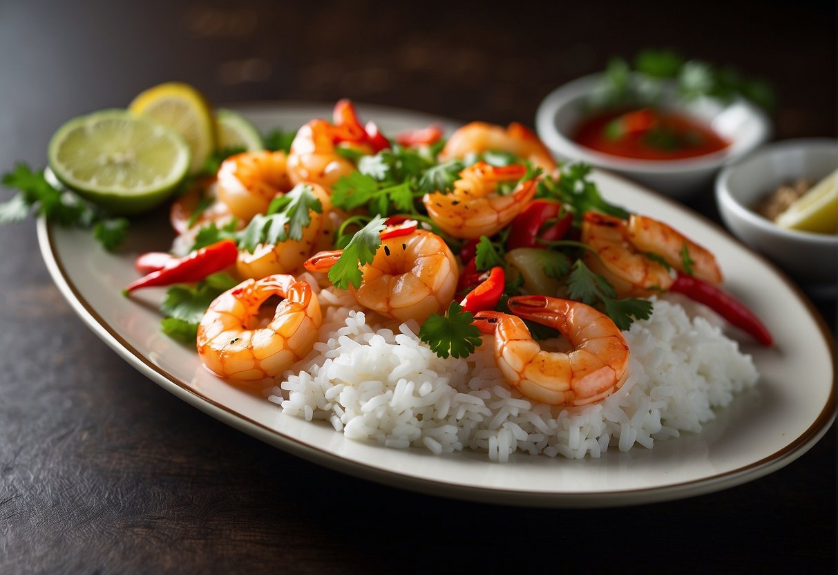 A plate of sizzling Chinese chilli prawns, garnished with fresh cilantro and sliced red chilies, surrounded by steamed jasmine rice and crisp stir-fried vegetables