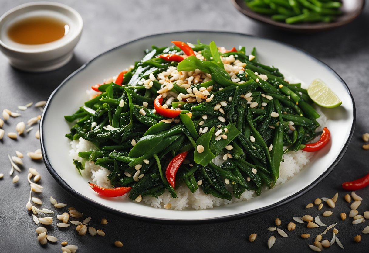 A plate of stir-fried kangkong with garlic and soy sauce, garnished with sesame seeds and red chili flakes, served alongside steamed white rice