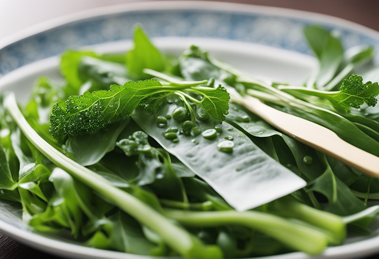 A plate of Chinese-style kangkong with nutritional information displayed next to it