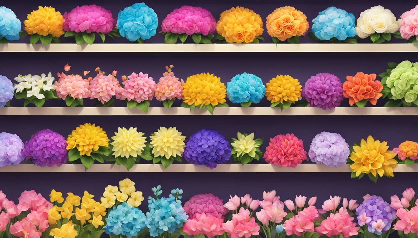 A colorful array of artificial flowers fills the shelves of a Singaporean shop, neatly arranged by type and color. Brightly lit and inviting, the store offers a wide selection for customers to choose from