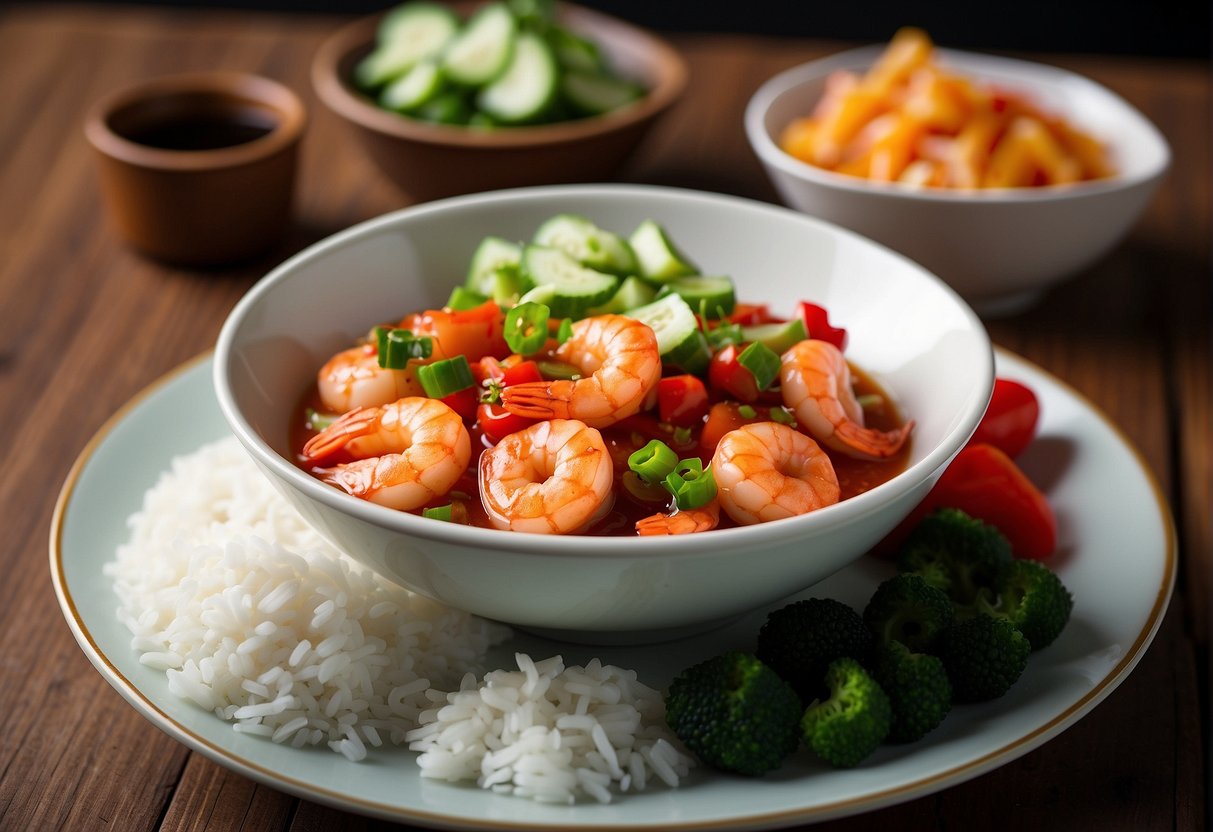 A plate of Chinese chili prawns with a side of steamed vegetables and a bowl of white rice, all arranged neatly on a wooden table