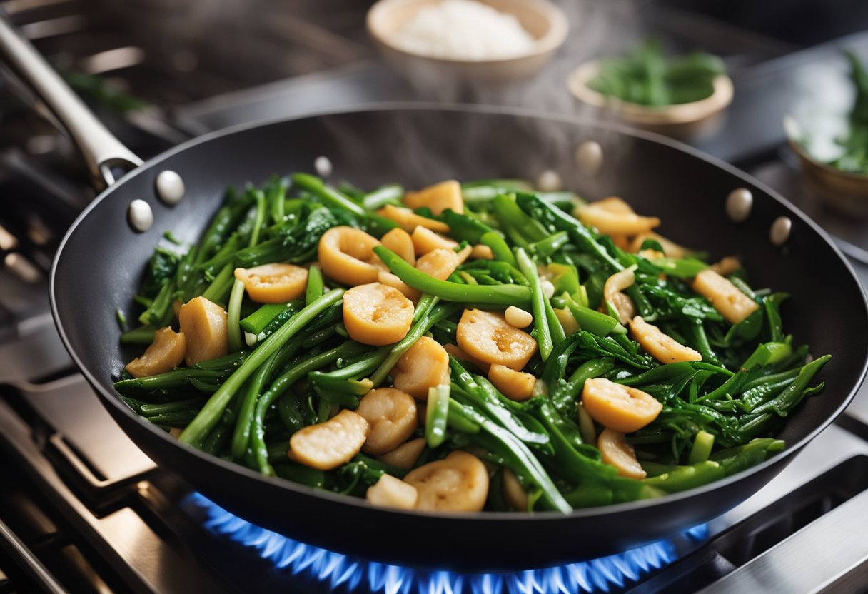 A wok sizzles as kangkong is stir-fried with garlic, ginger, and soy sauce. Aromatic steam rises, filling the kitchen with the savory scent of Chinese cuisine