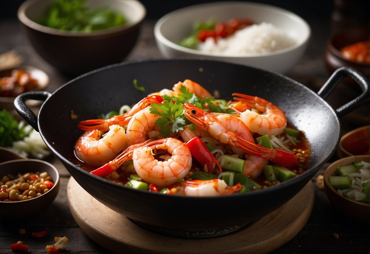 A sizzling wok with vibrant red chili prawns, surrounded by traditional Chinese ingredients and a steaming bowl of rice