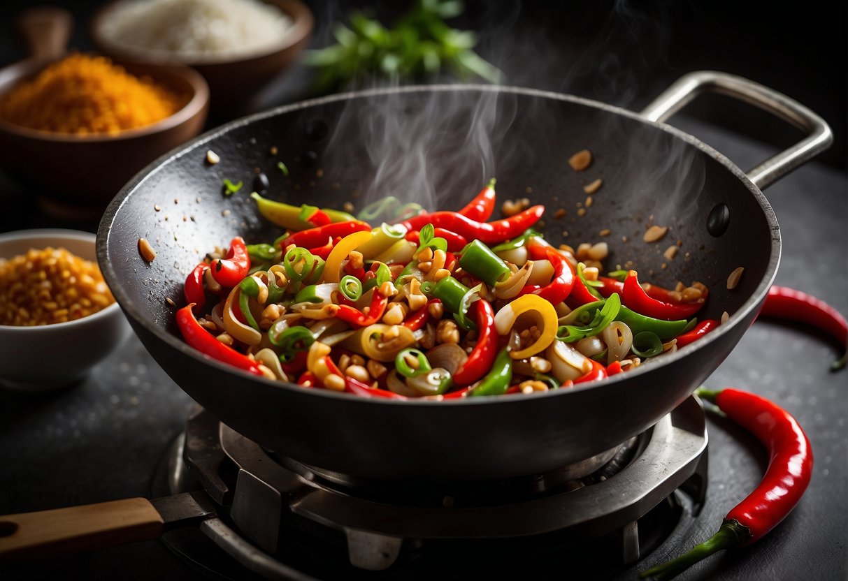 A wok sizzles with red chillies, garlic, and ginger as they are stir-fried with soy sauce and vinegar, creating a fragrant Chinese chilli sauce
