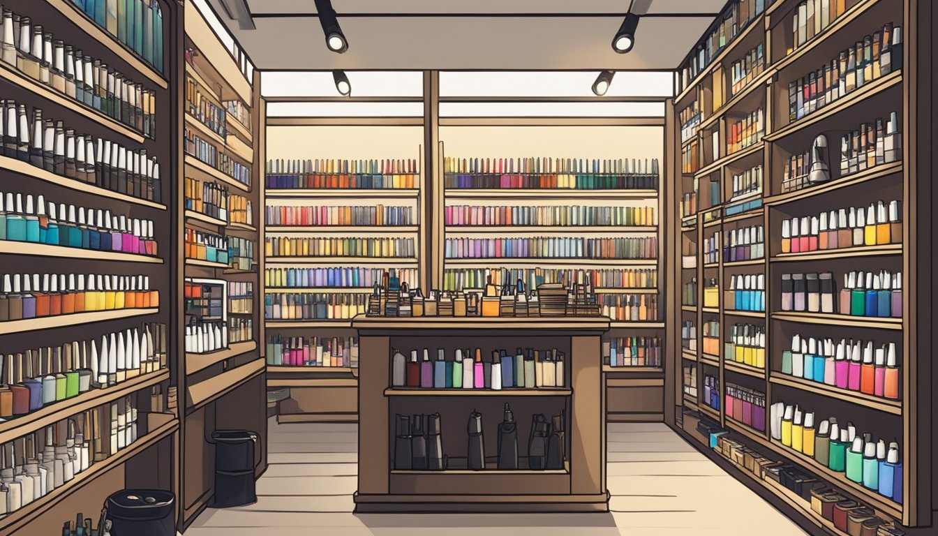 A calligraphy nib shop in Singapore, with shelves of various nibs, ink bottles, and writing supplies. Bright lighting and a clean, organized display