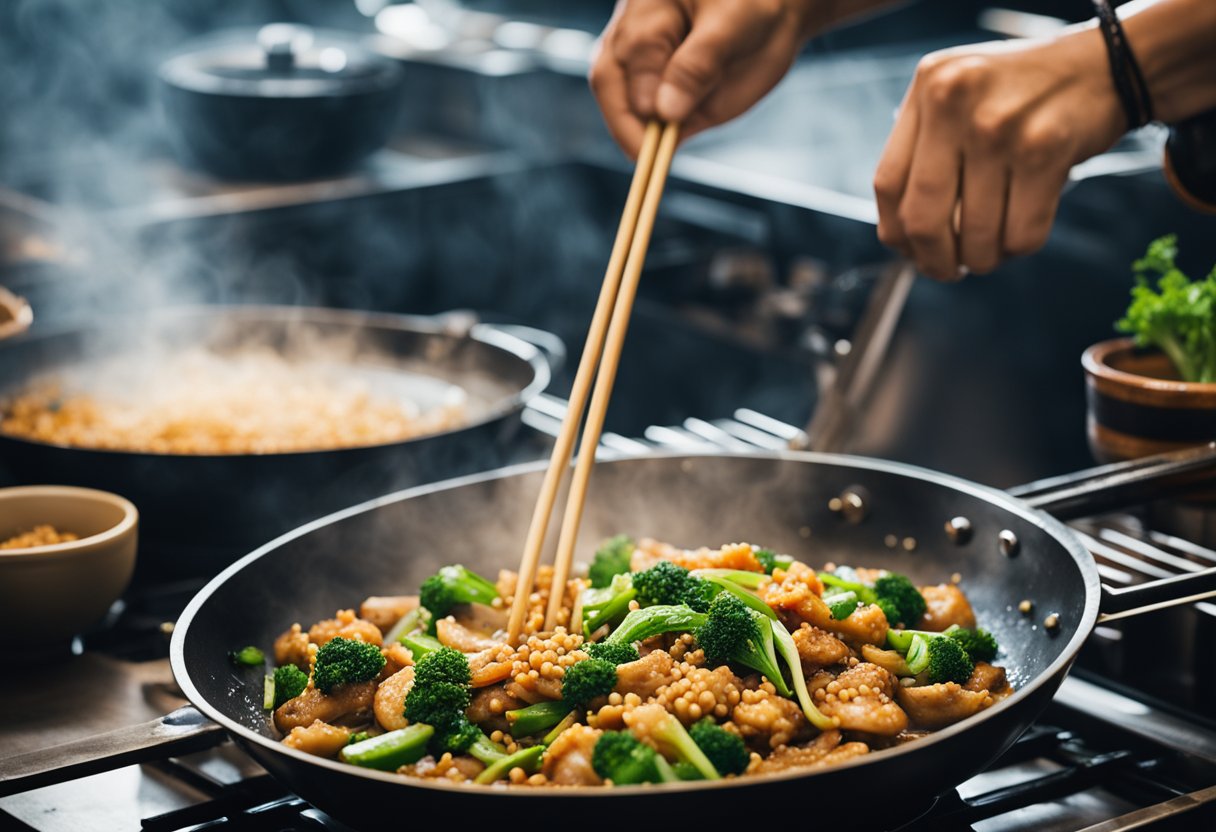 Kai lan being stir-fried in a wok with garlic and soy sauce