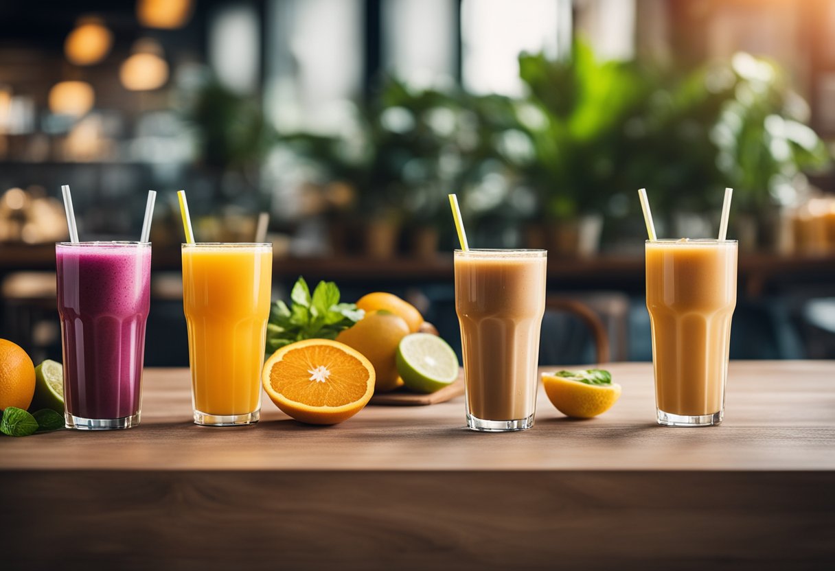 A table with various energy-boosting beverages: coffee, tea, energy drinks, and fruit smoothies. Bright packaging and vibrant colors