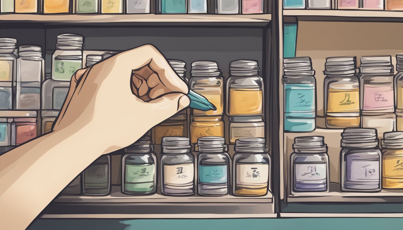 A hand reaches for calligraphy nibs on a store shelf in Singapore. Delivery options are displayed nearby