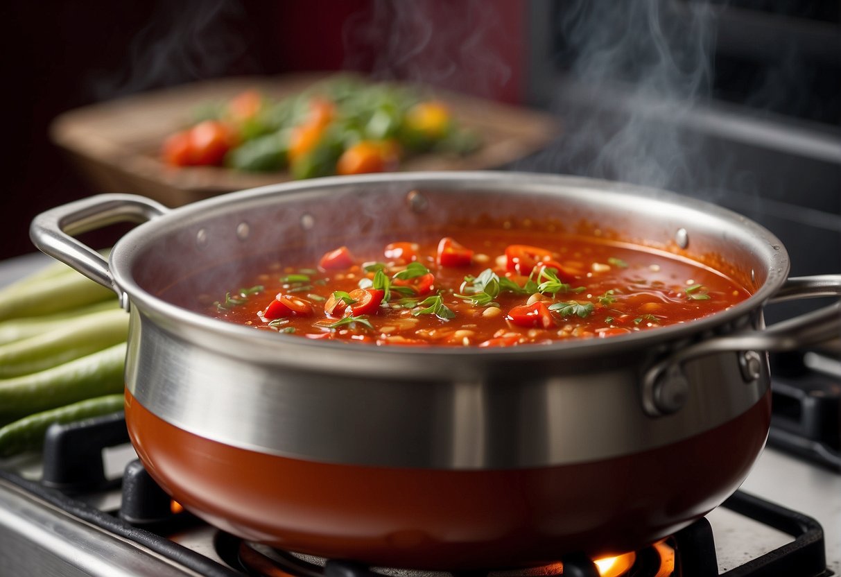 A pot simmers on a stovetop, filled with vibrant red Chinese chili sauce. Steam rises as the ingredients meld together, creating a tantalizing aroma
